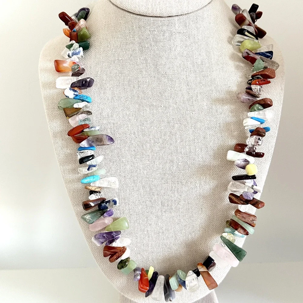 Vintage 925 Sterling Silver Multi Gemstone Nugget Chunky Statement Necklace 36